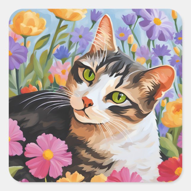 Beautiful cat with flowers square sticker (Front)