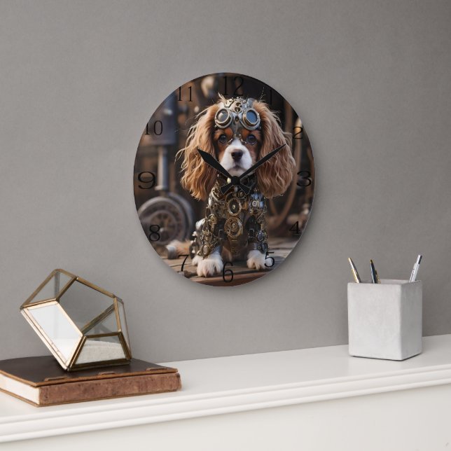 Beautiful Cavalier Spaniel Puppy Steampunk, Large Clock (Office)