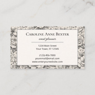Beautiful Charcoal Black and White Etched Flowers Business Card