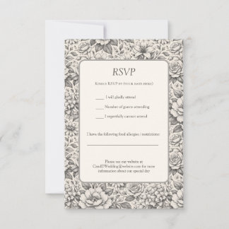 Beautiful Charcoal Black and White Etched Flowers RSVP Card
