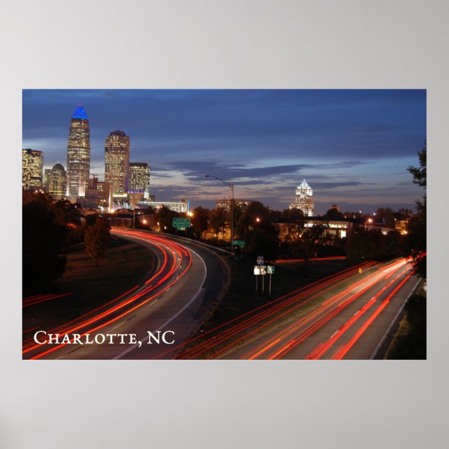 Beautiful Charlotte NC Skyline Highway at Dusk Poster (Front)