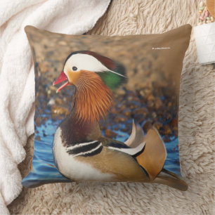Beautiful Chatty Mandarin Duck at the Pond Cushion