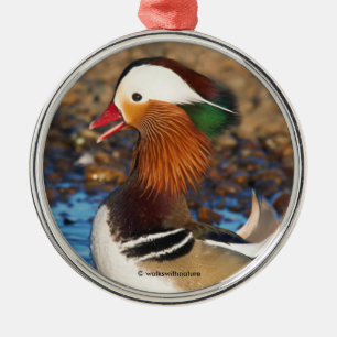 Beautiful Chatty Mandarin Duck on the Rocks Metal Tree Decoration