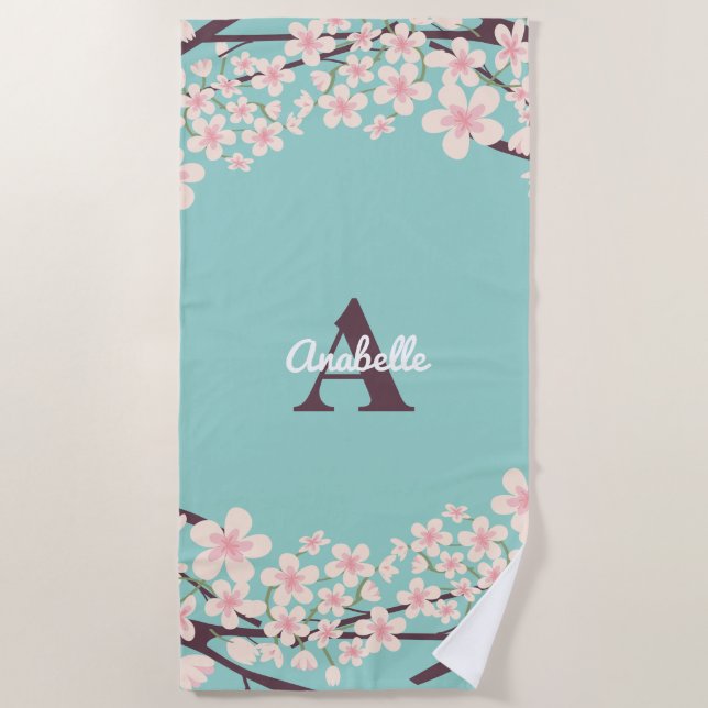 Beautiful Cherry Blossoms Monogrammed Beach Towel (Front)