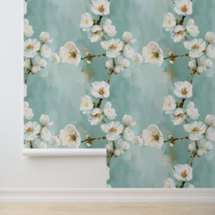 Beautiful cherry blossoms on blue green wallpaper