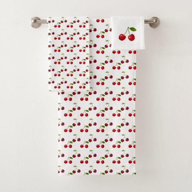Beautiful Cherry Fruits on White Bath Towel Set (Insitu)