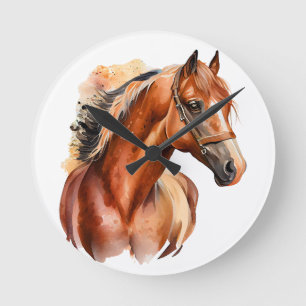 BEAUTIFUL CHESTNUT WATERCOLOR HORSES HEAD ROUND CLOCK