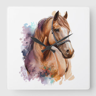 BEAUTIFUL CHESTNUT WATERCOLOR HORSES HEAD SQUARE WALL CLOCK
