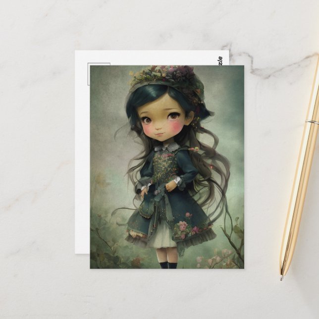Beautiful Chibi Kawaii Style Girl Art Postcard (Front/Back In Situ)