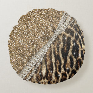 Beautiful chic girly leopard animal faux fur print round cushion