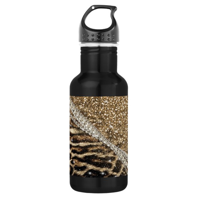 Beautiful Chic Girly Leopard Print Gold Glitter 532 Ml Water Bottle (Front)