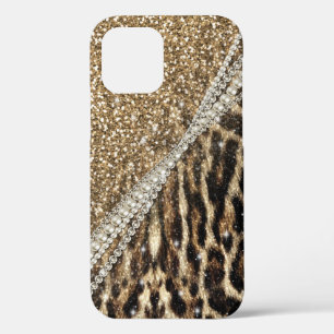 Beautiful Chic Girly Leopard Print Gold Glitter iPhone 12 Case