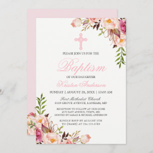 Beautiful Chic Pink Floral Baptism Invitation