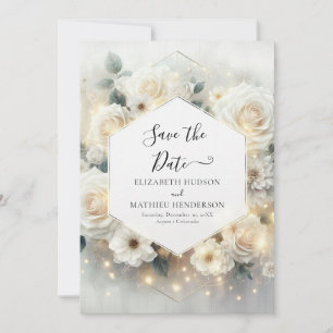 Beautiful Chic White Roses Wedding Save The Date