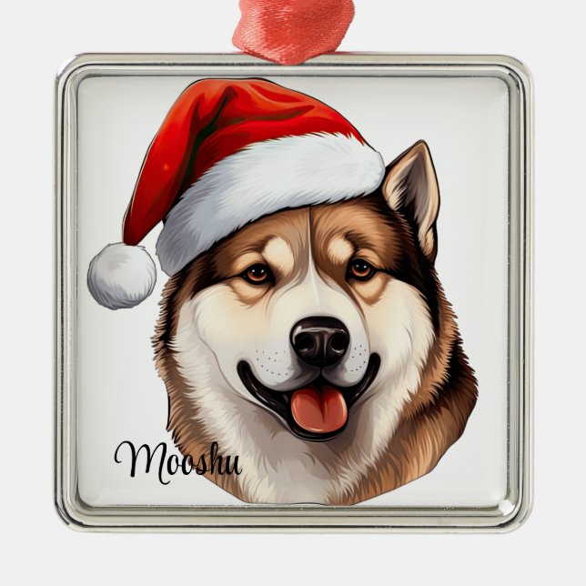 BEAUTIFUL CHRISTMAS AKITA DOG WITH SANTA HAT METAL TREE DECORATION (Front)
