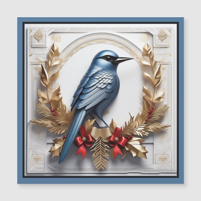 Beautiful Christmas Blue Bird Magnetic Card (Front)