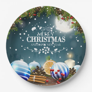 Beautiful Christmas Design with snow branches Paper Plate
