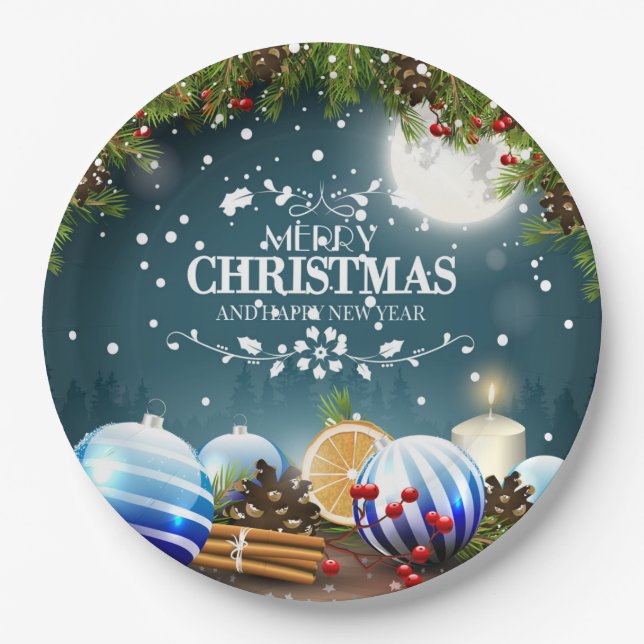 Beautiful Christmas Design with snow branches Paper Plate (Front)