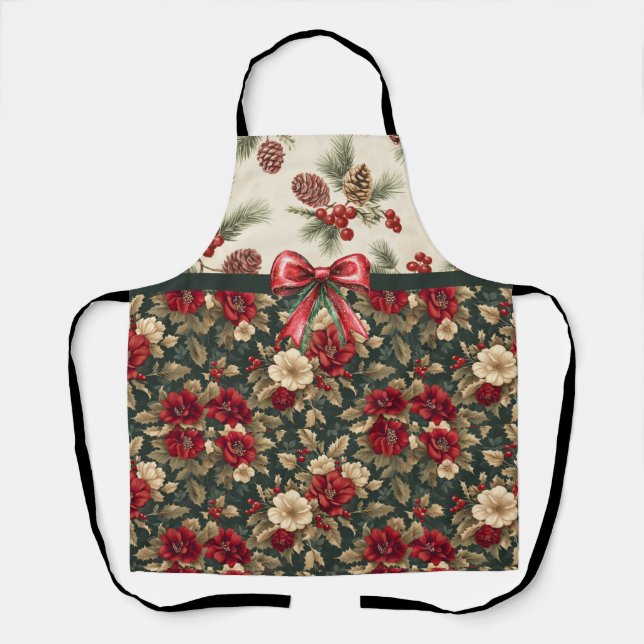 Beautiful Christmas Floral and Pine Cones Apron (Front)