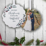 Beautiful Christmas Florals 1st Christmas Married Tree Decoration Card<br><div class="desc">First Christmas as Mr & Mrs Christmas ornament personalised with your wedding photo on one side and on the other your shared last name with the year framed by pretty bouquets of Christmas flowers in white,  red,  blue,  and green.</div>