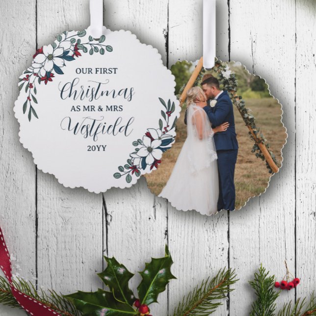 Beautiful Christmas Florals 1st Christmas Married Tree Decoration Card (Creator Uploaded)