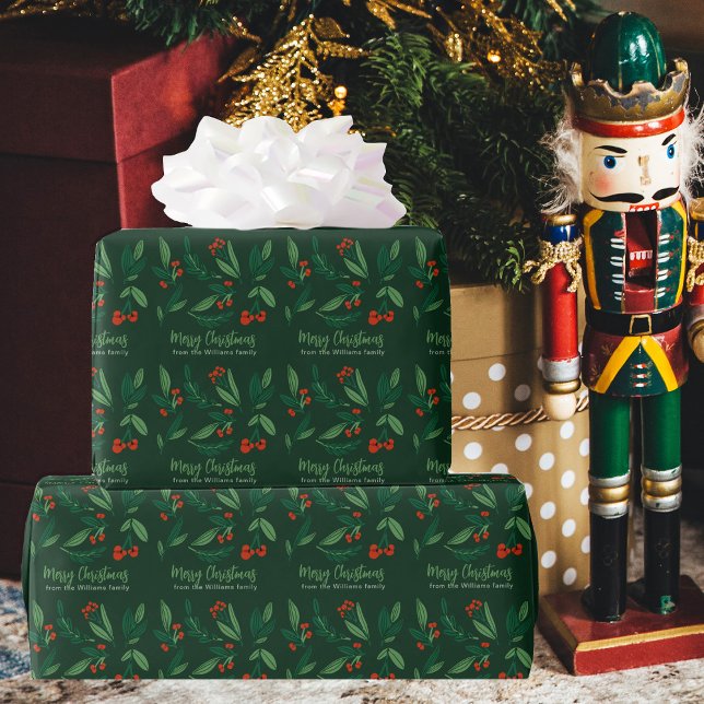 Beautiful Christmas Holly Berries Green Custom Wrapping Paper (Creator Uploaded)
