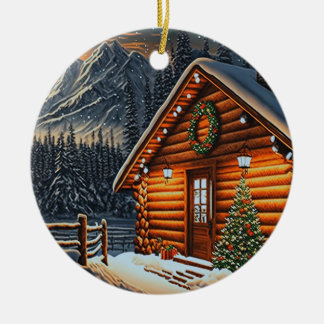 Beautiful Christmas Lights Log Cabin Mountain Snow Ceramic Tree Decoration