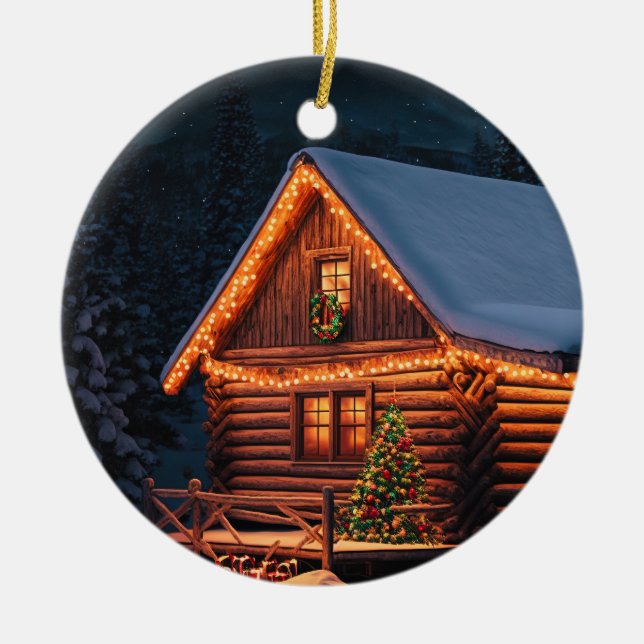 Beautiful Christmas Lights Log Cabin Mountain Snow Ceramic Tree Decoration (Front)