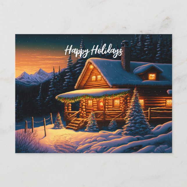 Beautiful Christmas Lights Log Cabin Mountain Snow Holiday Postcard (Front)