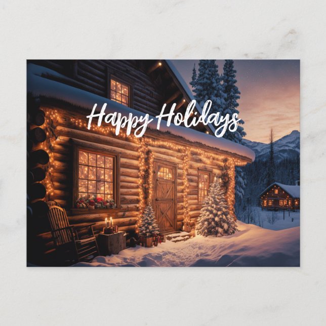 Beautiful Christmas Lights Log Cabin Mountain Snow Holiday Postcard (Front)
