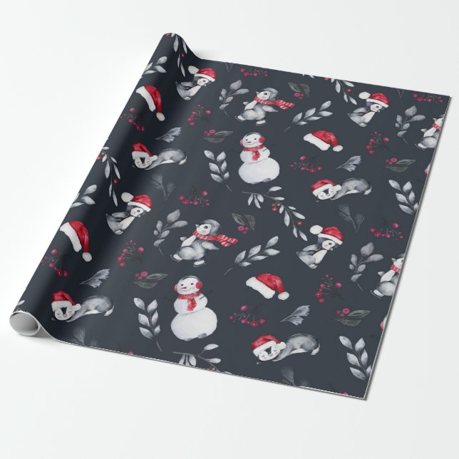 Beautiful Christmas Penguins Wrapping Paper (Unrolled)