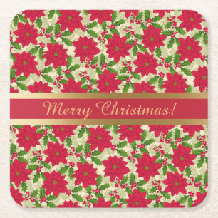 Beautiful Christmas Poinsettia, Holly, Pine branch Square Paper Coaster