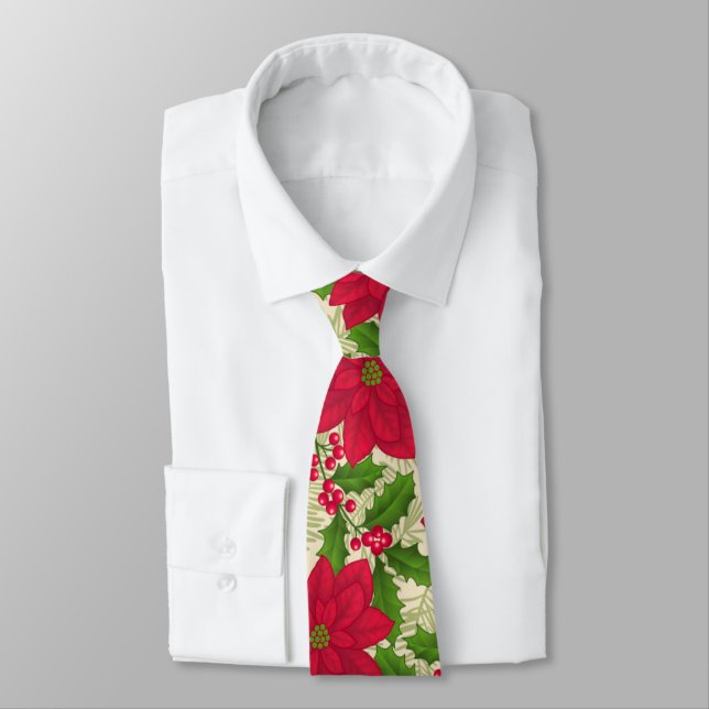 Beautiful Christmas Poinsettia, Holly, Pine branch Tie (Tied)