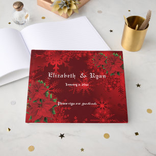 Beautiful Christmas Red Poinsettia and Snowflakes Guest Book