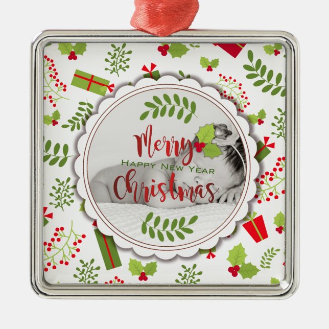Beautiful Christmas Script Gifts Photo Metal Tree Decoration (Front)