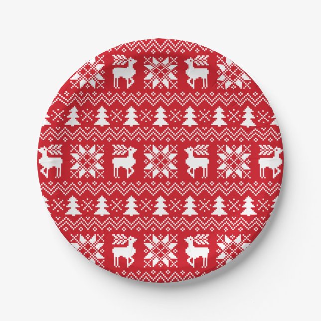Beautiful Christmas Sweater Inspired Red Patttern Paper Plate (Front)