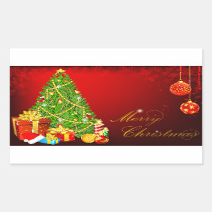 Beautiful Christmas Tree,Red & Golden Balls Rectangular Sticker