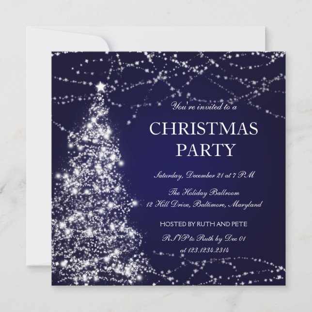 Beautiful Christmas Tree Shining Stars Party Blue Invitation (Front)