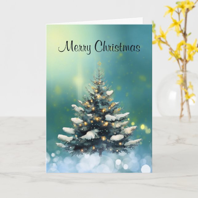 Beautiful Christmas Tree with Snow and Gold Lights Card (Yellow Flower)