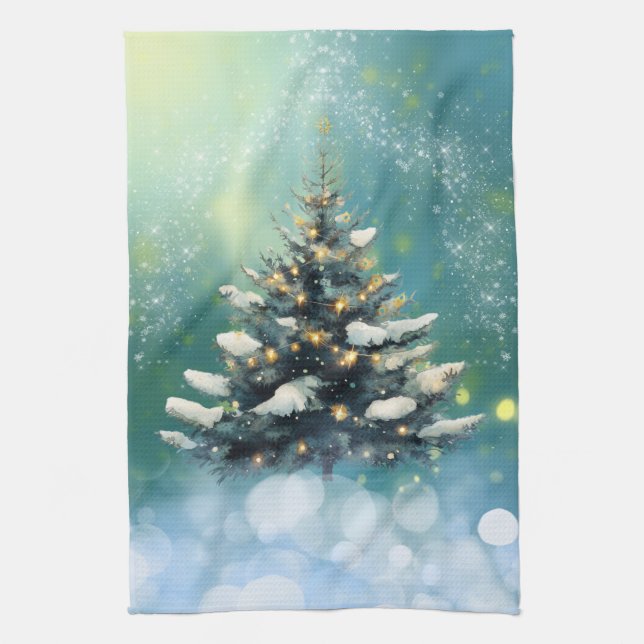 Beautiful Christmas Tree with Snow and Gold Lights Tea Towel (Vertical)
