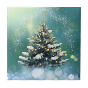 Beautiful Christmas Tree with Snow and Gold Lights Tile