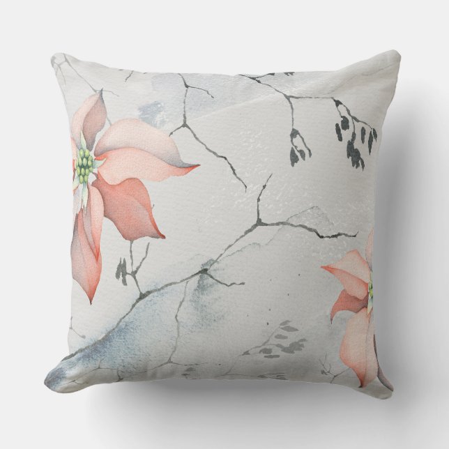 Beautiful Christmas Watercolor Poinsettia Floral Cushion (Front)