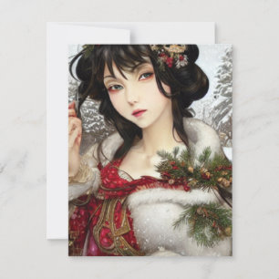 Beautiful Christmas Winter Anime Manga Girl  Holiday Card