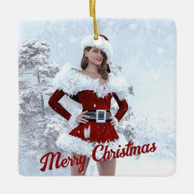 Beautiful Christmas Woman over Winter Snow Ceramic Ornament (Front)