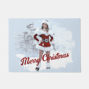 Beautiful Christmas Woman over Winter Snow Doormat