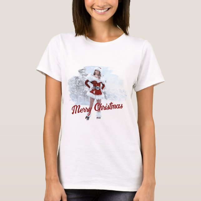Beautiful Christmas Woman over Winter Snow T-Shirt (Front)