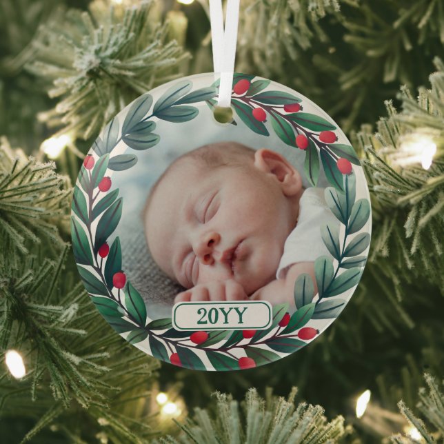 Beautiful Christmas Wreath Add Photo & Year Glass Tree Decoration (Insitu)