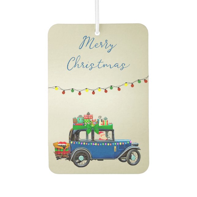 Beautiful, Christms Blue Car with Santa and Gifts Car Air Freshener (Front)