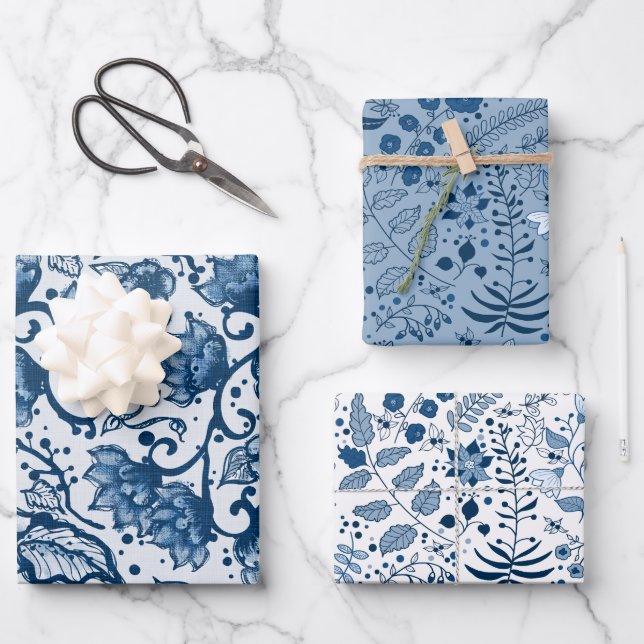 Beautiful Classic Blue and White Floral Patterns Wrapping Paper Sheet (Front)