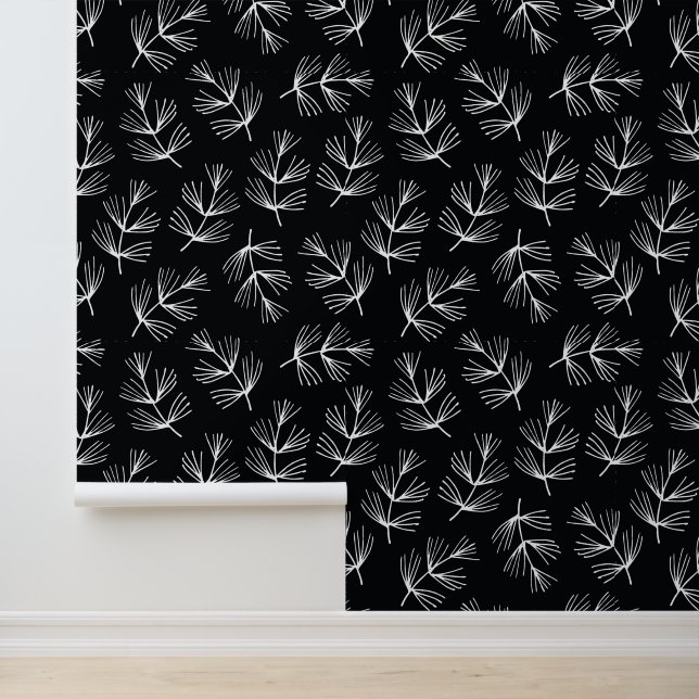 Beautiful Classy Black with White Line Pine Boughs Wallpaper (Application)